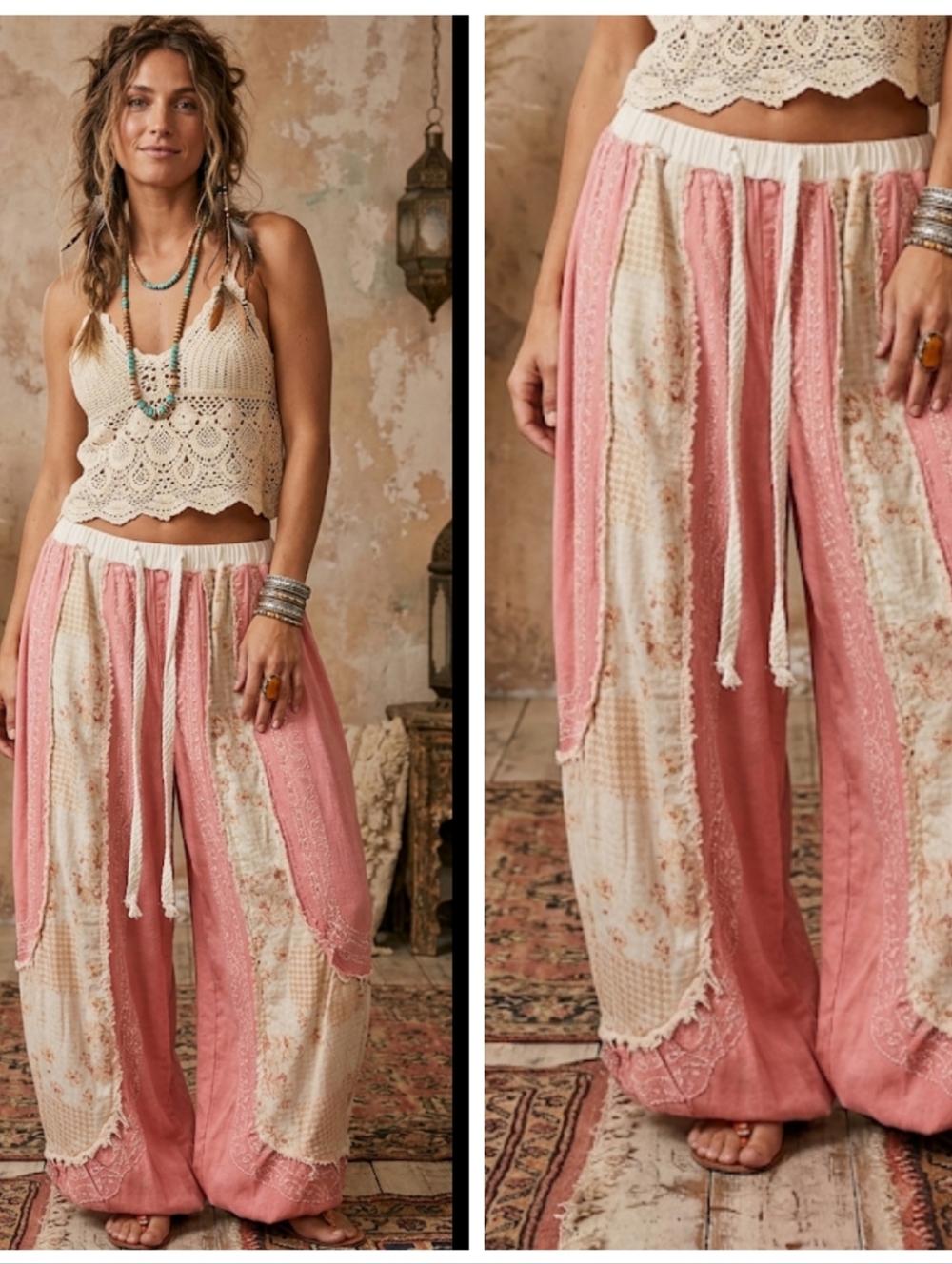 POL Pink and Cream Patchwork Floral Joggers